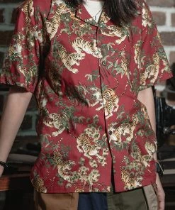 Bronson MFG. CO. Lot AS08 Ukiyo-e Tiger & Bambo Pattern Aloha Shirt - Wine Red NEW ARRIVALS