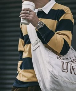 Non Stock MFG. CO. Classic Fit Striped Jersey Rugby Shirt - Yellow And Navy Blue Stripe TOPS