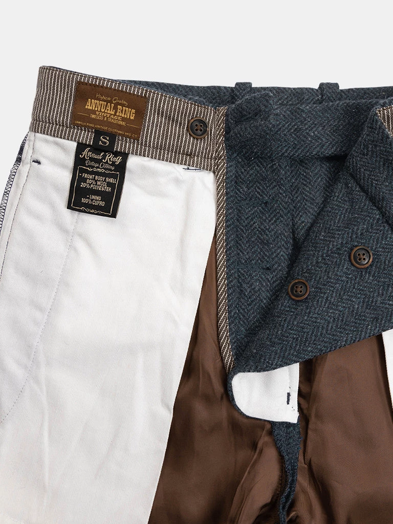 Annual Ring 1930s American Style Herringbone Navy Tweed Trousers 14 Annual Ring 1930s American Style Herringbone Navy Tweed Trousers