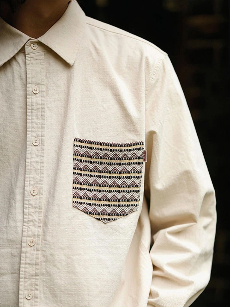 MBBCAR NEW ARRIVALS Ethnic Patch Pocket Long Sleeve Shirt - Beige 8 MBBCAR NEW ARRIVALS Ethnic Patch Pocket Long Sleeve Shirt - Beige