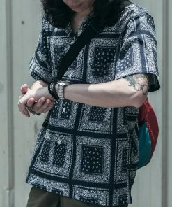 Non Stock MFG. CO. Paisley Print Seersucker Open Collar Shirt - Navy May 2022