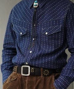 Annual Ring 1950s Indigo Discharge-printed Wabash Stripe Western Shirt TOPS