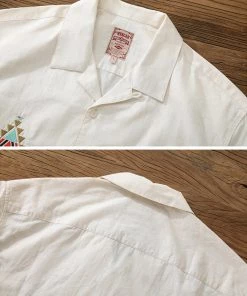 MBBCAR NEW ARRIVALS Retro Embroidered Linen Cuban Collar Shirt - Beige