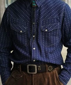 Annual Ring 1950s Indigo Discharge-printed Wabash Stripe Western Shirt TOPS