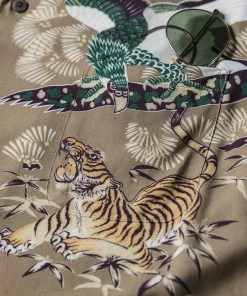 Non Stock MFG. CO. June 2022 Ukiyo-e Tiger & Crane Pattern Aloha Shirt - Khaiki