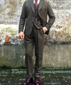 Annual Ring Single Row Two-Button Herringbone Tweed Suit Jacket - Brown TOPS