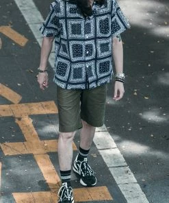 Non Stock MFG. CO. Paisley Print Seersucker Open Collar Shirt - Navy May 2022