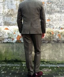 Annual Ring Single Row Two-Button Herringbone Tweed Suit Jacket - Brown TOPS