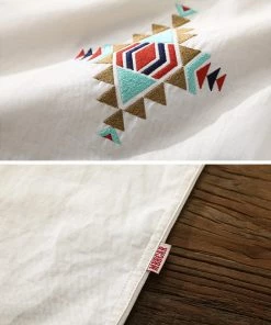 MBBCAR NEW ARRIVALS Retro Embroidered Linen Cuban Collar Shirt - Beige