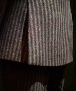 Annual Ring TOPS Peak Lapel Double Breasted Tweed Suit Jacket - Black With White Striped