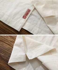 MBBCAR NEW ARRIVALS Retro Embroidered Linen Cuban Collar Shirt - Beige