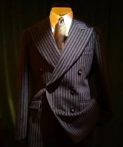 Annual Ring TOPS Peak Lapel Double Breasted Tweed Suit Jacket - Black With White Striped