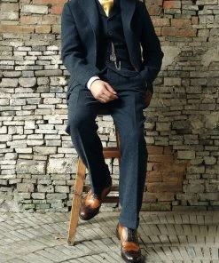 Annual Ring 1930s American Style Herringbone Navy Tweed Trousers 24 Annual Ring 1930s American Style Herringbone Navy Tweed Trousers