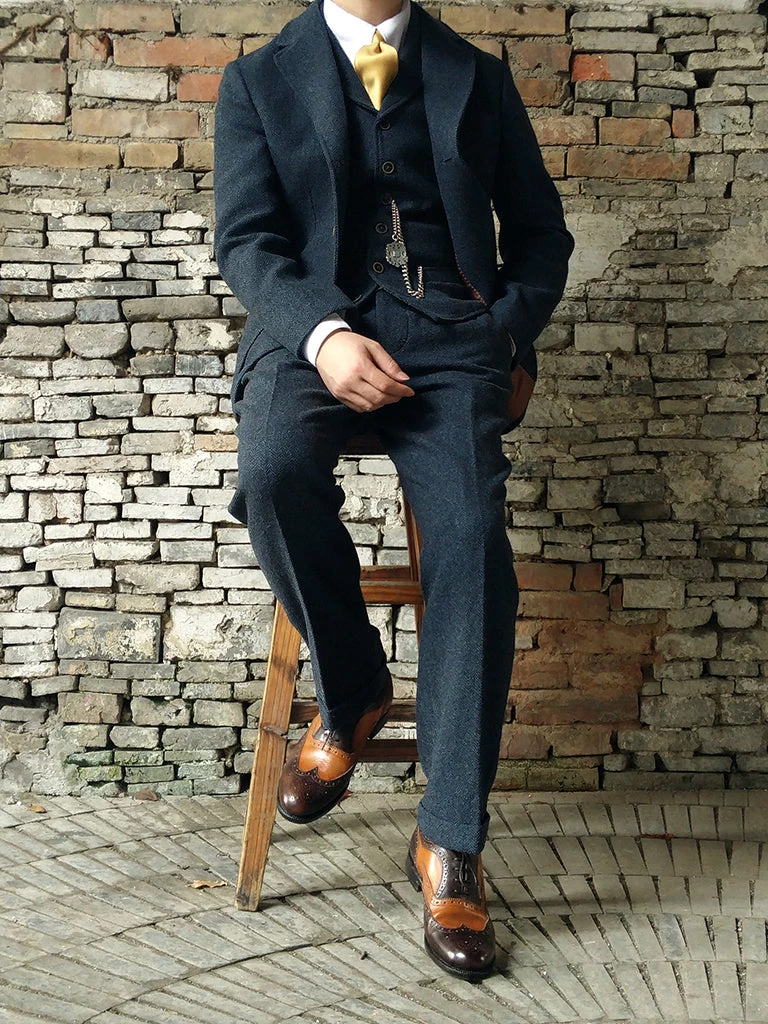 Annual Ring 1930s American Style Herringbone Navy Tweed Trousers 3 Annual Ring 1930s American Style Herringbone Navy Tweed Trousers