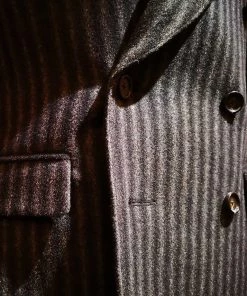 Annual Ring TOPS Peak Lapel Double Breasted Tweed Suit Jacket - Black With White Striped