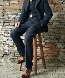 Annual Ring 1930s American Style Herringbone Navy Tweed Trousers 25 Annual Ring 1930s American Style Herringbone Navy Tweed Trousers