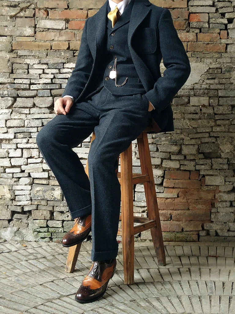 Annual Ring 1930s American Style Herringbone Navy Tweed Trousers 4 Annual Ring 1930s American Style Herringbone Navy Tweed Trousers