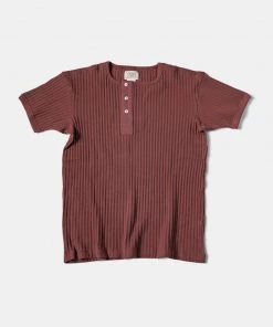 Bronson MFG. CO. 11 Oz Retro Ribbed Cotton Henley T-Shirt - Wine Red TOPS