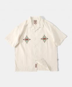 MBBCAR NEW ARRIVALS Retro Embroidered Linen Cuban Collar Shirt - Beige
