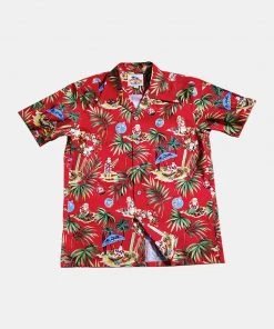 Annual Ring Santa Claus At Hawaiian Beach Print Aloha Shirt - Red TOPS