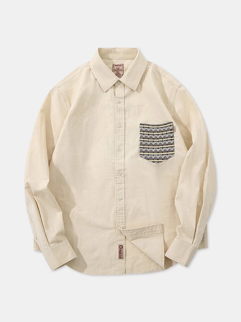 MBBCAR NEW ARRIVALS Ethnic Patch Pocket Long Sleeve Shirt - Beige 1 MBBCAR NEW ARRIVALS Ethnic Patch Pocket Long Sleeve Shirt - Beige