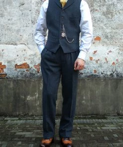 Annual Ring 1930s American Style Herringbone Navy Tweed Trousers 26 Annual Ring 1930s American Style Herringbone Navy Tweed Trousers