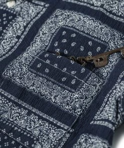 Non Stock MFG. CO. Paisley Print Seersucker Open Collar Shirt - Navy May 2022
