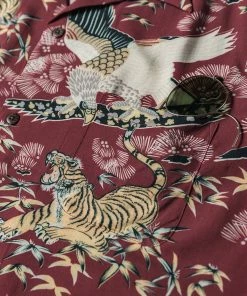 Non Stock MFG. CO. Ukiyo-e Tiger & Crane Pattern Aloha Shirt - Wine Red