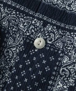 Non Stock MFG. CO. Paisley Print Seersucker Open Collar Shirt - Navy May 2022