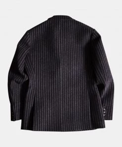 Annual Ring TOPS Peak Lapel Double Breasted Tweed Suit Jacket - Black With White Striped