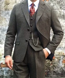 Annual Ring Single Row Two-Button Herringbone Tweed Suit Jacket - Brown TOPS