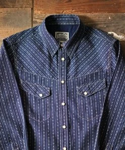 Annual Ring 1950s Indigo Discharge-printed Wabash Stripe Western Shirt TOPS