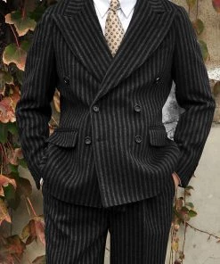 Annual Ring TOPS Peak Lapel Double Breasted Tweed Suit Jacket - Black With White Striped