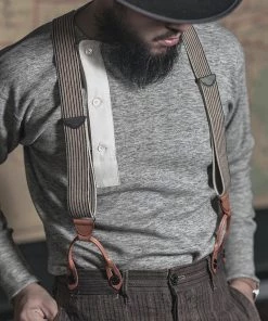 Bronson MFG. CO. ACCESSORIES Old-Time Y-Back Leather Button Suspender - Blue/Yellow Stripe