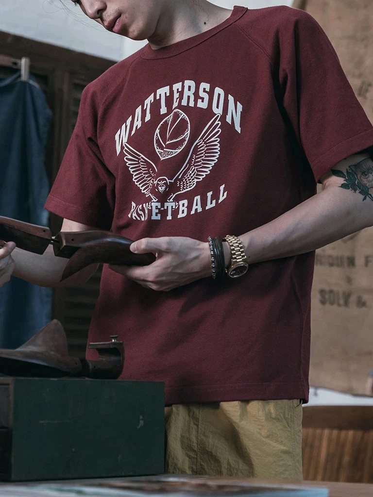 Non Stock MFG. CO. June 2022 Vintage Watterson Basketball Print Raglan Sleeve T-Shirt - Wine Red 3 Non Stock MFG. CO. June 2022 Vintage Watterson Basketball Print Raglan Sleeve T-Shirt - Wine Red