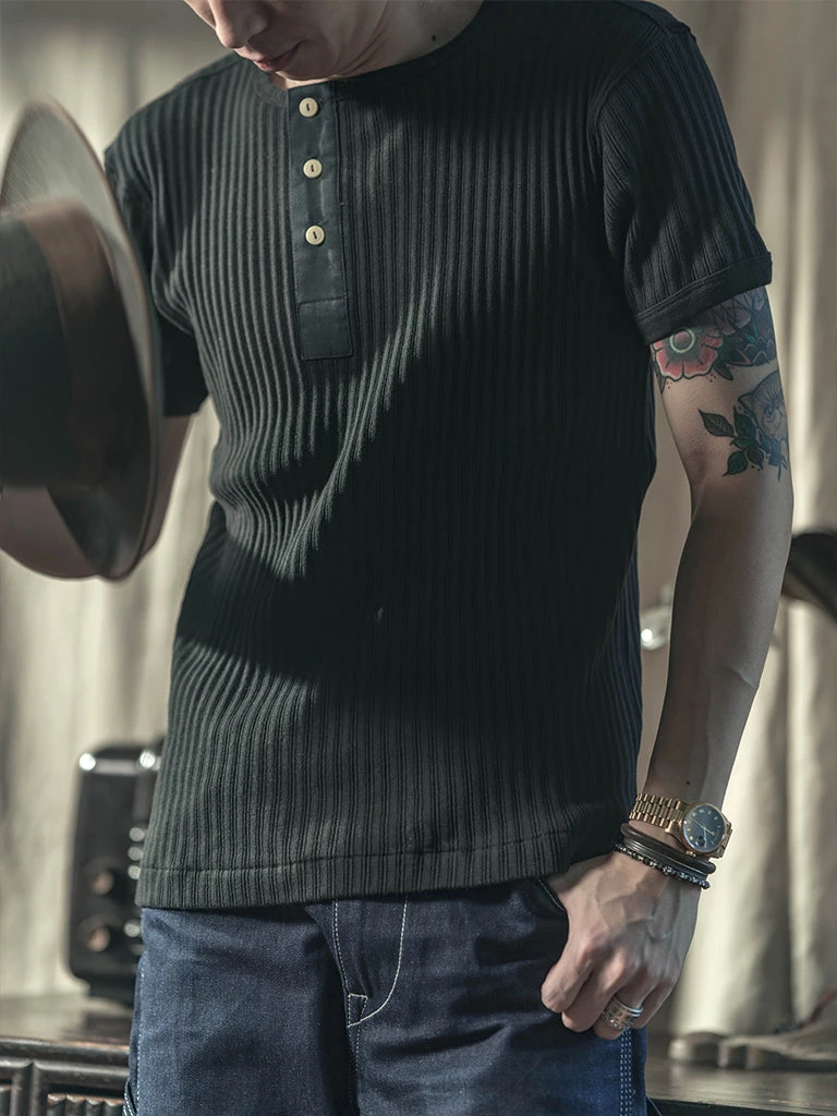 Bronson MFG. CO. BEST SELLERS 11 Oz Retro Ribbed Cotton Henley T-Shirt - Black 3 Bronson MFG. CO. BEST SELLERS 11 Oz Retro Ribbed Cotton Henley T-Shirt - Black