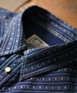 Annual Ring 1950s Indigo Discharge-printed Wabash Stripe Western Shirt TOPS