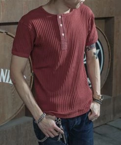 Bronson MFG. CO. 11 Oz Retro Ribbed Cotton Henley T-Shirt - Wine Red TOPS 10 Bronson MFG. CO. 11 Oz Retro Ribbed Cotton Henley T-Shirt - Wine Red TOPS