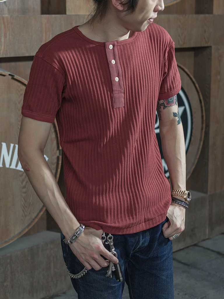 Bronson MFG. CO. 11 Oz Retro Ribbed Cotton Henley T-Shirt - Wine Red TOPS 3 Bronson MFG. CO. 11 Oz Retro Ribbed Cotton Henley T-Shirt - Wine Red TOPS