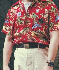 Annual Ring Santa Claus At Hawaiian Beach Print Aloha Shirt - Red TOPS