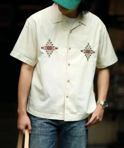 MBBCAR NEW ARRIVALS Retro Embroidered Linen Cuban Collar Shirt - Beige