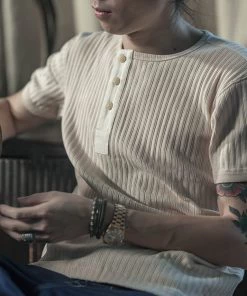 Bronson MFG. CO. 11 Oz Retro Ribbed Cotton Henley T-Shirt - Apricot