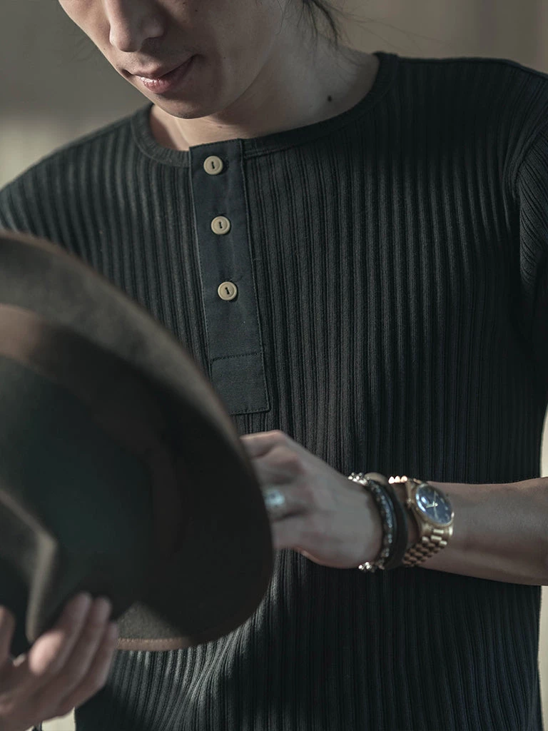 Bronson MFG. CO. BEST SELLERS 11 Oz Retro Ribbed Cotton Henley T-Shirt - Black 5 Bronson MFG. CO. BEST SELLERS 11 Oz Retro Ribbed Cotton Henley T-Shirt - Black