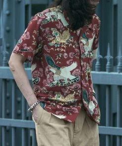 Non Stock MFG. CO. Ukiyo-e Tiger & Crane Pattern Aloha Shirt - Wine Red