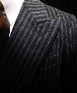 Annual Ring TOPS Peak Lapel Double Breasted Tweed Suit Jacket - Black With White Striped