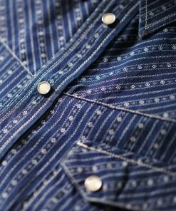 Annual Ring 1950s Indigo Discharge-printed Wabash Stripe Western Shirt TOPS