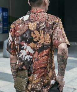 Non Stock MFG. CO. Tropical Plant & Flowers Pattern Aloha Shirt - Light Brown June 2022