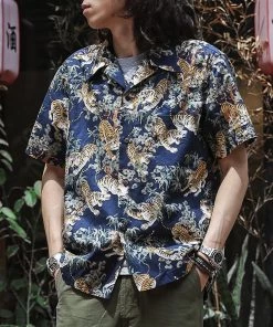 Bronson MFG. CO. Lot AS08 Ukiyo-e Tiger & Bambo Pattern Aloha Shirt - Navy NEW ARRIVALS