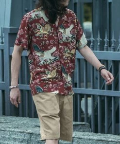 Non Stock MFG. CO. Ukiyo-e Tiger & Crane Pattern Aloha Shirt - Wine Red