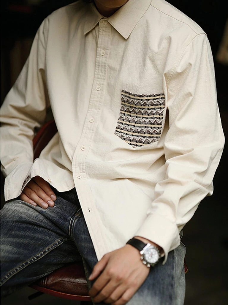 MBBCAR NEW ARRIVALS Ethnic Patch Pocket Long Sleeve Shirt - Beige 3 MBBCAR NEW ARRIVALS Ethnic Patch Pocket Long Sleeve Shirt - Beige